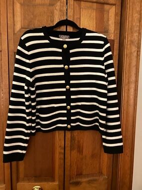 J. Crew Women’s L Preppy Classic Minimalist Striped Black White Emilie Cardigan